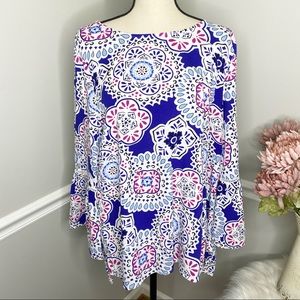 Crown & Ivy geometric blue pink bell sleeve tie back blouse